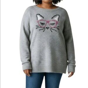 Evri Sweater 3X Cat Graphic Stretch Knit Casual Pullover Long Sleeve Gray Comfy